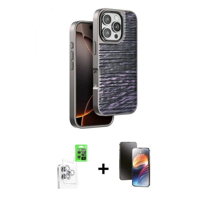 MARSİLYAN™- iPhone 16 Pro Kılıf Atlas Minimal Özel Seri - Siyah 3D Antistatik Mat Seramik Nano Ekran Koruyucu + Beyaz Raze Metal Kamera Lens
