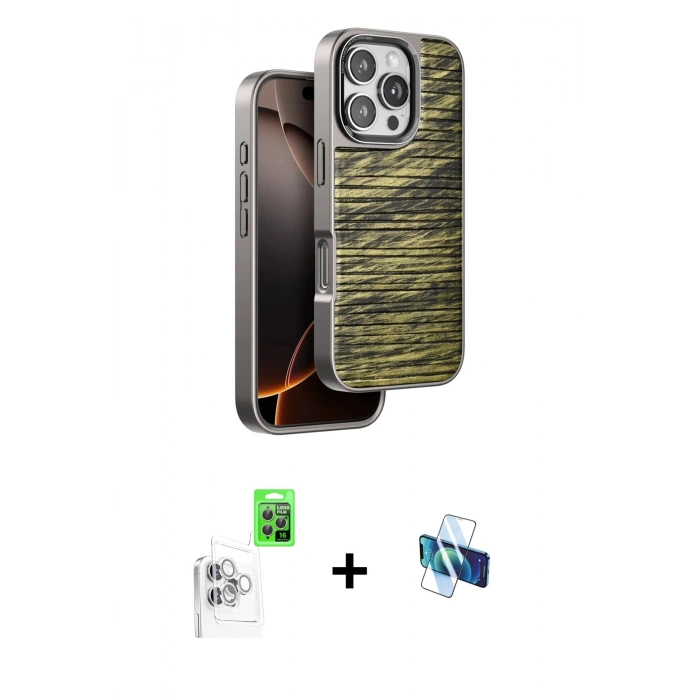MARSİLYAN™- iPhone 16 Pro Kılıf Atlas Minimal Özel Seri - Siyah 3D Antistatik Seramik Nano Ekran Koruyucu + Raze Metal Kamera Lens - BZ