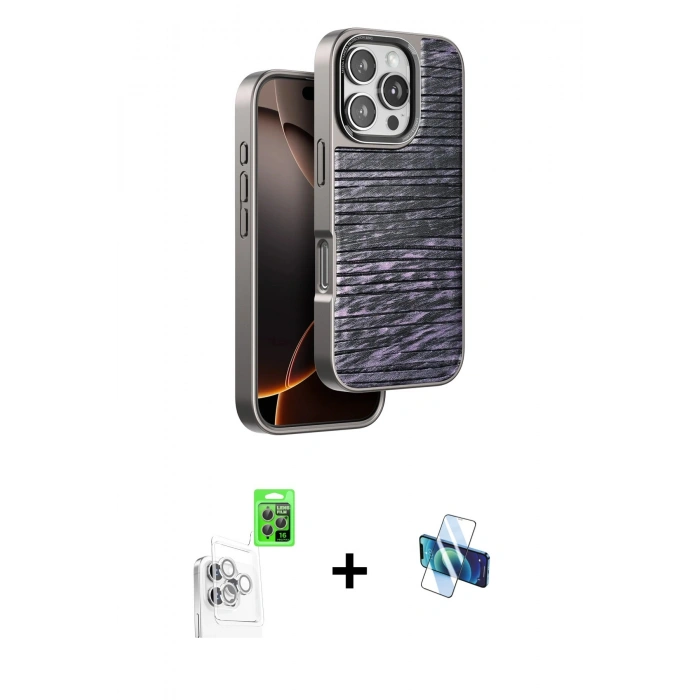 MARSİLYAN™- iPhone 16 Pro Kılıf Atlas Minimal Özel Seri - Siyah 3D Antistatik Seramik Nano Ekran Koruyucu + Raze Metal Kamera Lens - BZ