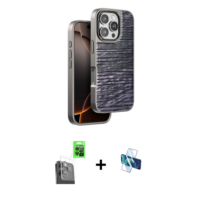 MARSİLYAN™- iPhone 16 Pro Kılıf Atlas Minimal Özel Seri - Siyah 3D Antistatik Seramik Nano Ekran Koruyucu + Raze Metal Kamera Lens - SH