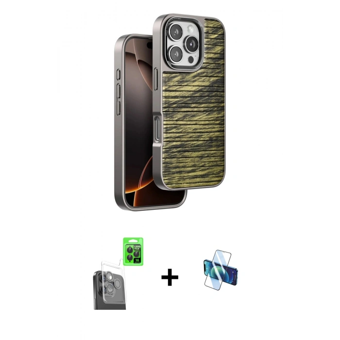 MARSİLYAN™- iPhone 16 Pro Kılıf Atlas Minimal Özel Seri - Siyah 3D Antistatik Seramik Nano Ekran Koruyucu + Raze Metal Kamera Lens - SH