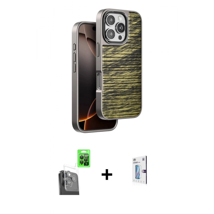 MARSİLYAN™- iPhone 16 Pro Kılıf Atlas Minimal Özel Seri - Siyah Bilvis 0.18mm Plus Cam Ekran Koruyucu + Siyah Raze Metal Kamera Lens