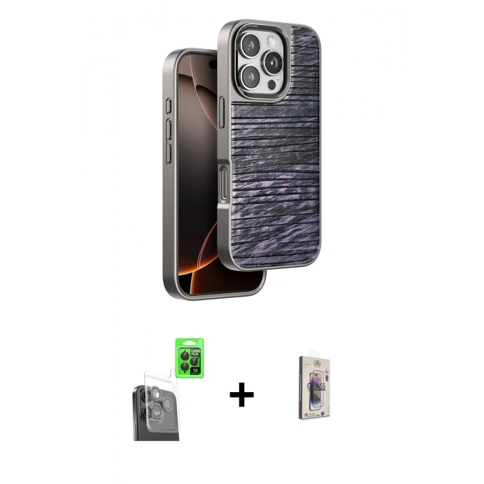 MARSİLYAN™- iPhone 16 Pro Kılıf Atlas Minimal Özel Seri - Siyah Bilvis 3D Cam Ekran Koruyucu + Raze Metal Kamera Lens - SH