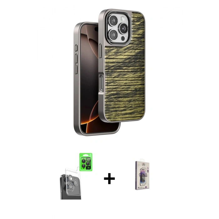 MARSİLYAN™- iPhone 16 Pro Kılıf Atlas Minimal Özel Seri - Siyah Bilvis 3D Cam Ekran Koruyucu + Raze Metal Kamera Lens - SH