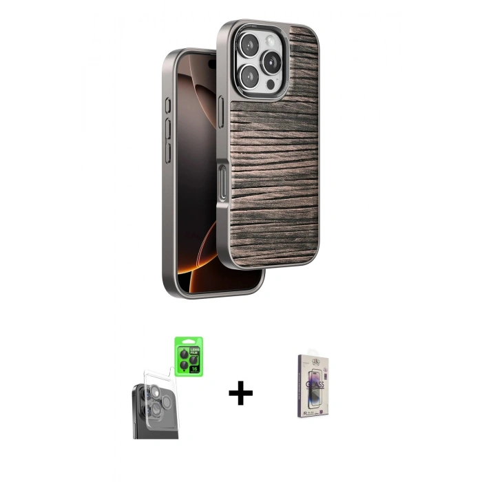 MARSİLYAN™- iPhone 16 Pro Kılıf Atlas Minimal Özel Seri - Siyah Bilvis 3D Cam Ekran Koruyucu + Raze Metal Kamera Lens - SH