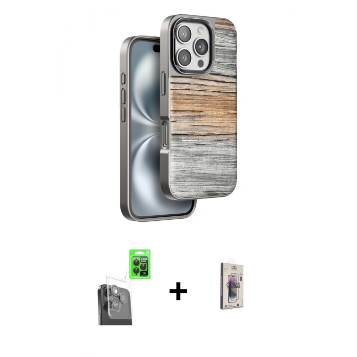 MARSİLYAN™- iPhone 16 Pro Kılıf Atlas Minimal Özel Seri - Siyah Bilvis 3D Cam Ekran Koruyucu + Raze Metal Kamera Lens - SH