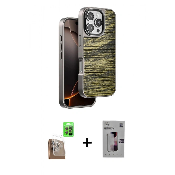 MARSİLYAN™- iPhone 16 Pro Kılıf Atlas Minimal Özel Seri - Siyah Bilvis 3D Mat Cam Ekran Koruyucu + Raze Metal Kamera Lens - CLTM