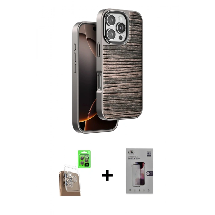 MARSİLYAN™- iPhone 16 Pro Kılıf Atlas Minimal Özel Seri - Siyah Bilvis 3D Mat Cam Ekran Koruyucu + Raze Metal Kamera Lens - CLTM