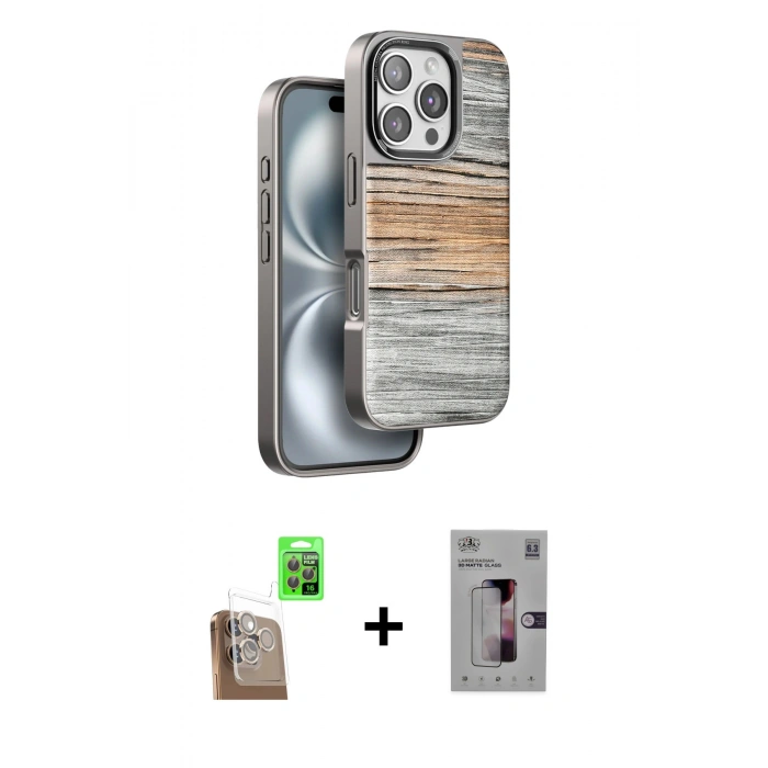 MARSİLYAN™- iPhone 16 Pro Kılıf Atlas Minimal Özel Seri - Siyah Bilvis 3D Mat Cam Ekran Koruyucu + Raze Metal Kamera Lens - CLTM