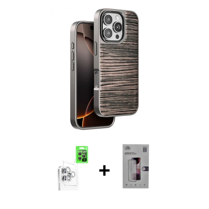 MARSİLYAN™- iPhone 16 Pro Kılıf Atlas Minimal Özel Seri - Siyah Bilvis 3D Mat Cam Ekran Koruyucu + Raze Metal Kamera Lens - BZ