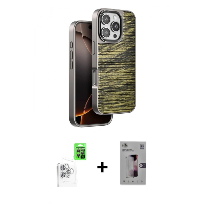 MARSİLYAN™- iPhone 16 Pro Kılıf Atlas Minimal Özel Seri - Siyah Bilvis 3D Mat Cam Ekran Koruyucu + Raze Metal Kamera Lens - BZ