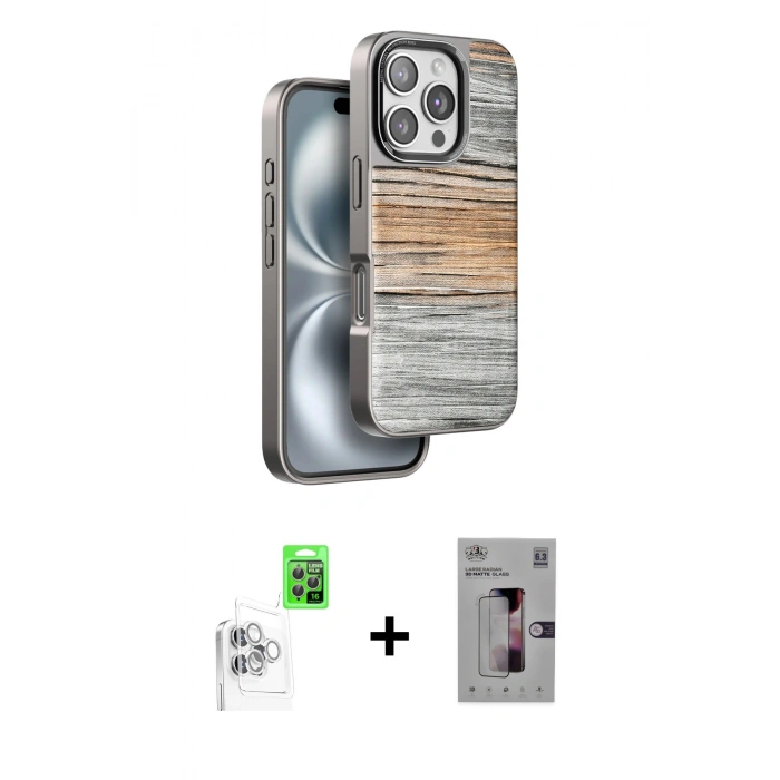 MARSİLYAN™- iPhone 16 Pro Kılıf Atlas Minimal Özel Seri - Siyah Bilvis 3D Mat Cam Ekran Koruyucu + Raze Metal Kamera Lens - BZ