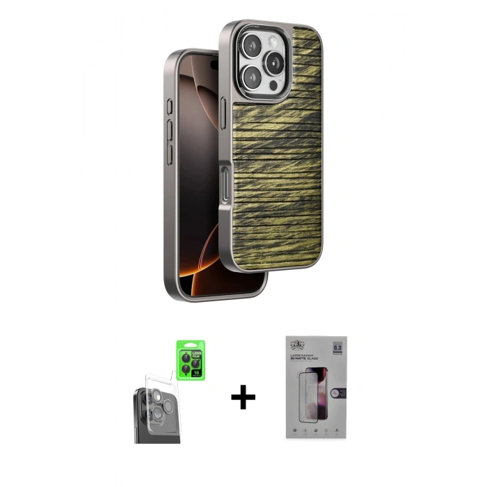 MARSİLYAN™- iPhone 16 Pro Kılıf Atlas Minimal Özel Seri - Siyah Bilvis 3D Mat Cam Ekran Koruyucu + Raze Metal Kamera Lens - SH