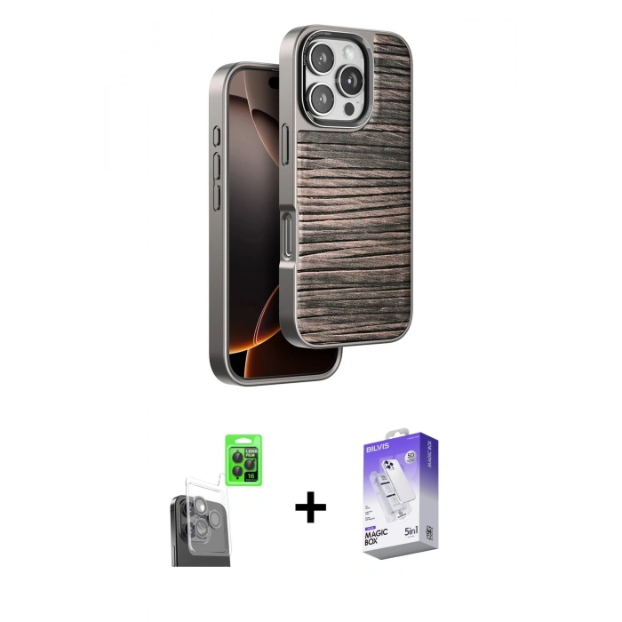 MARSİLYAN™- iPhone 16 Pro Kılıf Atlas Minimal Özel Seri - Siyah Bilvis 5in1 3D Magic Cam Ekran Koruyucu + Raze Metal Kamera Lens - SH