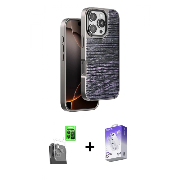 MARSİLYAN™- iPhone 16 Pro Kılıf Atlas Minimal Özel Seri - Siyah Bilvis 5in1 3D Magic Cam Ekran Koruyucu + Raze Metal Kamera Lens - SH