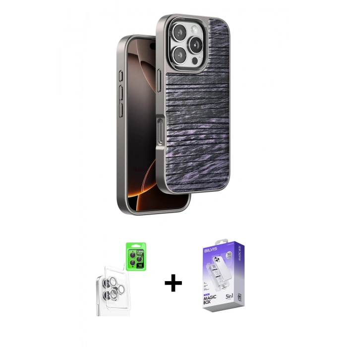 MARSİLYAN™- iPhone 16 Pro Kılıf Atlas Minimal Özel Seri - Siyah Bilvis 5in1 3D Magic Cam Ekran Koruyucu + Raze Metal Kamera Lens - BZ