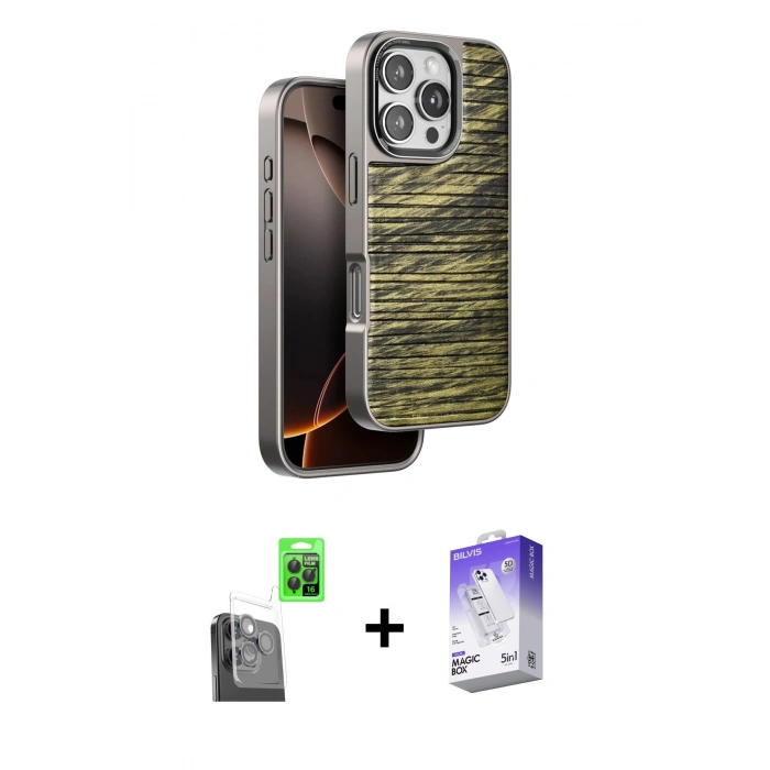 MARSİLYAN™- iPhone 16 Pro Kılıf Atlas Minimal Özel Seri - Siyah Bilvis 5in1 3D Magic Cam Ekran Koruyucu + Raze Metal Kamera Lens - SH