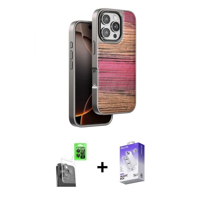 MARSİLYAN™- iPhone 16 Pro Kılıf Atlas Minimal Özel Seri - Siyah Bilvis 5in1 3D Magic Cam Ekran Koruyucu + Raze Metal Kamera Lens - SH