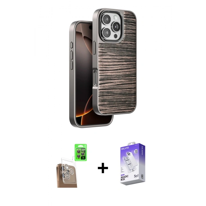 MARSİLYAN™- iPhone 16 Pro Kılıf Atlas Minimal Özel Seri - Siyah Bilvis 5in1 3D Magic Cam Ekran Koruyucu + Raze Metal Kamera Lens - CLTM