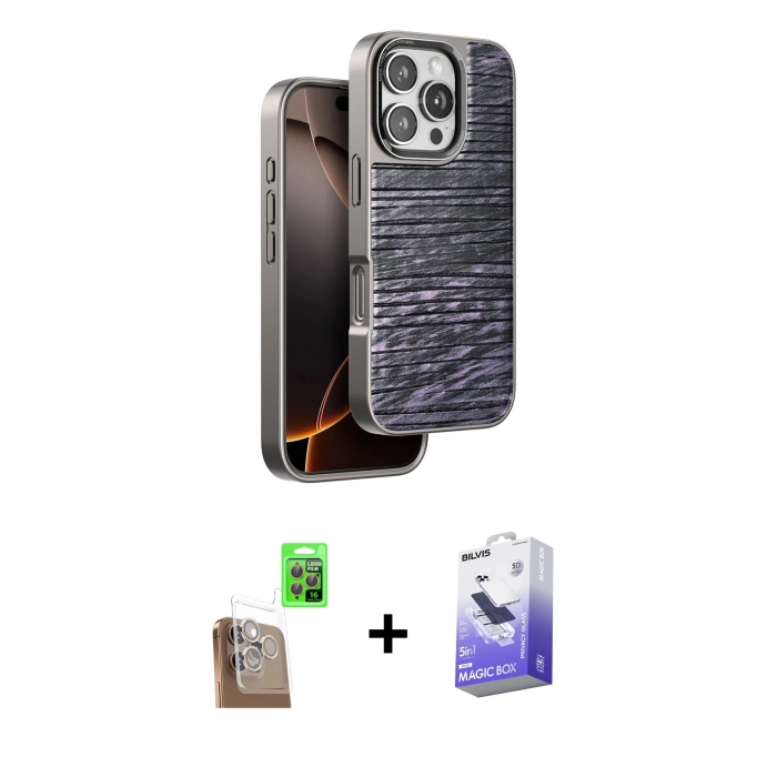 MARSİLYAN™- iPhone 16 Pro Kılıf Atlas Minimal Özel Seri - Siyah Bilvis 5in1 5D Magic Hayalet Cam Ekran Koruyucu + Raze Metal Kamera Lens - CLTM