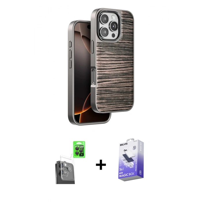 MARSİLYAN™- iPhone 16 Pro Kılıf Atlas Minimal Özel Seri - Siyah Bilvis 5in1 5D Magic Hayalet Cam Ekran Koruyucu + Raze Metal Kamera Lens - SH