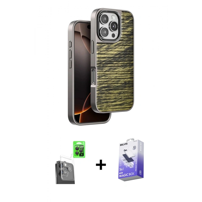 MARSİLYAN™- iPhone 16 Pro Kılıf Atlas Minimal Özel Seri - Siyah Bilvis 5in1 5D Magic Hayalet Cam Ekran Koruyucu + Raze Metal Kamera Lens - SH