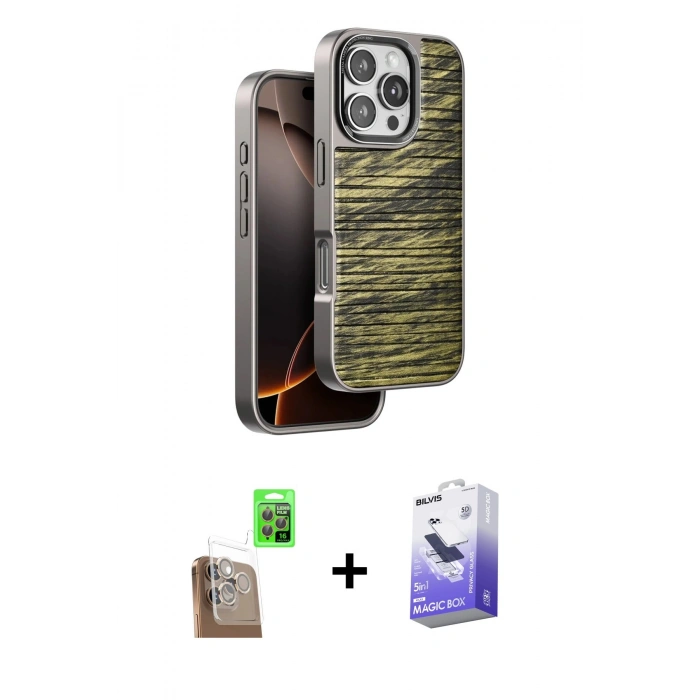 MARSİLYAN™- iPhone 16 Pro Kılıf Atlas Minimal Özel Seri - Siyah Bilvis 5in1 5D Magic Hayalet Cam Ekran Koruyucu + Raze Metal Kamera Lens - CLTM