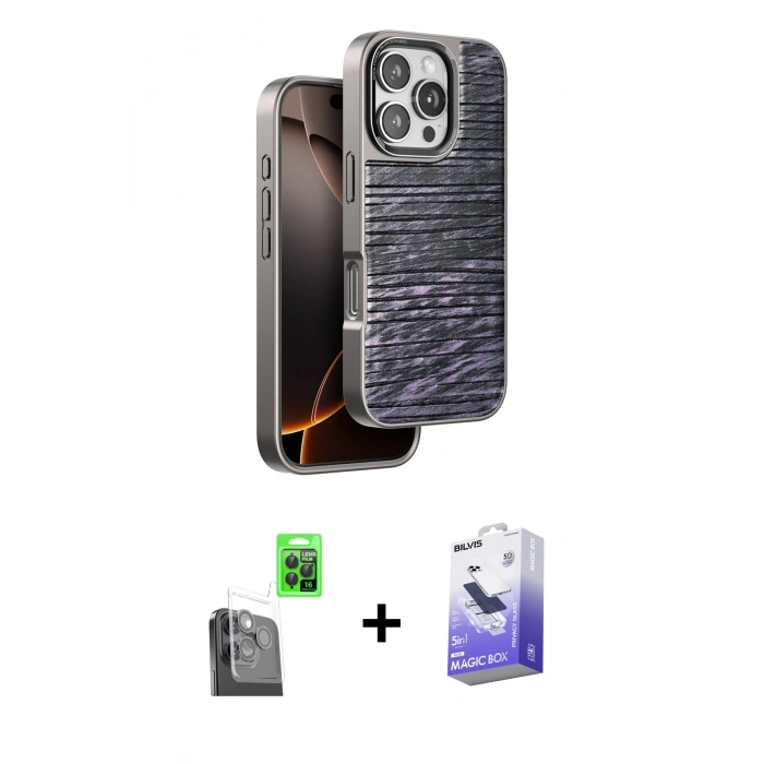 MARSİLYAN™- iPhone 16 Pro Kılıf Atlas Minimal Özel Seri - Siyah Bilvis 5in1 5D Magic Hayalet Cam Ekran Koruyucu + Raze Metal Kamera Lens - SH