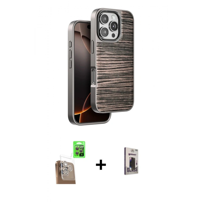 MARSİLYAN™- iPhone 16 Pro Kılıf Atlas Minimal Özel Seri - Siyah Bilvis Hayalet Cam Ekran Koruyucu + Raze Metal Kamera Lens - CLTM