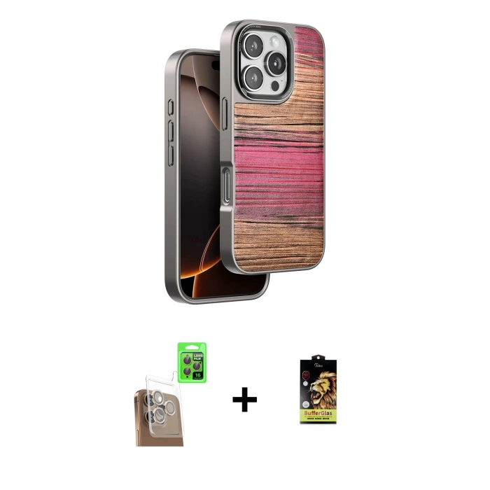MARSİLYAN™- iPhone 16 Pro Kılıf Atlas Minimal Özel Seri - Siyah Buffer Cam Ekran Koruyucu + Raze Metal Kamera Lens - CLTM