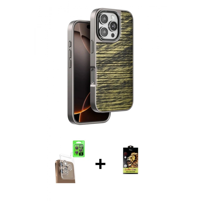 MARSİLYAN™- iPhone 16 Pro Kılıf Atlas Minimal Özel Seri - Siyah Buffer Cam Ekran Koruyucu + Raze Metal Kamera Lens - CLTM