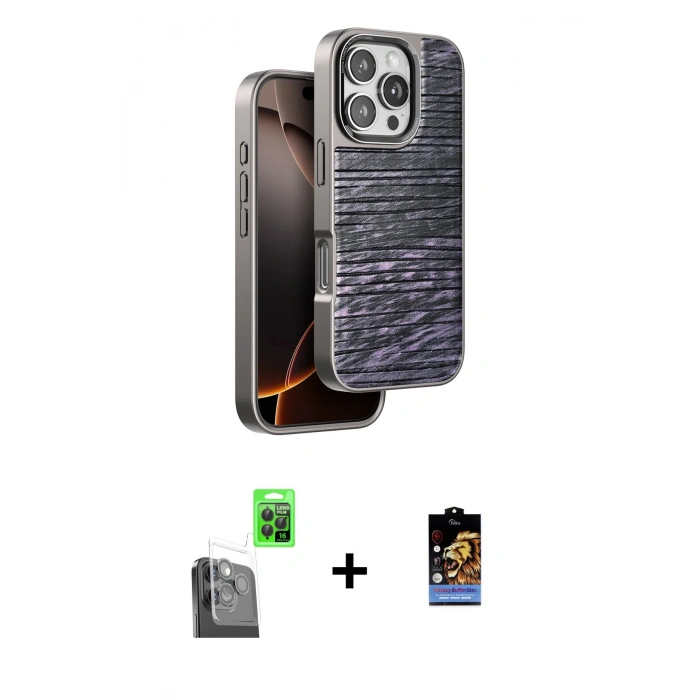 MARSİLYAN™- iPhone 16 Pro Kılıf Atlas Minimal Özel Seri - Siyah Buffer Hayalet Cam Ekran Koruyucu + Siyah Raze Metal Kamera Lens