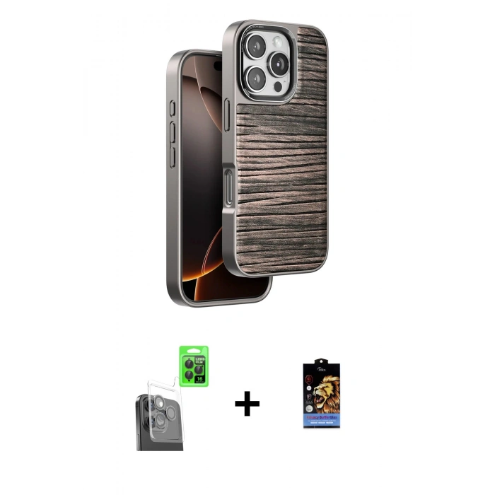 MARSİLYAN™- iPhone 16 Pro Kılıf Atlas Minimal Özel Seri - Siyah Buffer Hayalet Cam Ekran Koruyucu + Siyah Raze Metal Kamera Lens