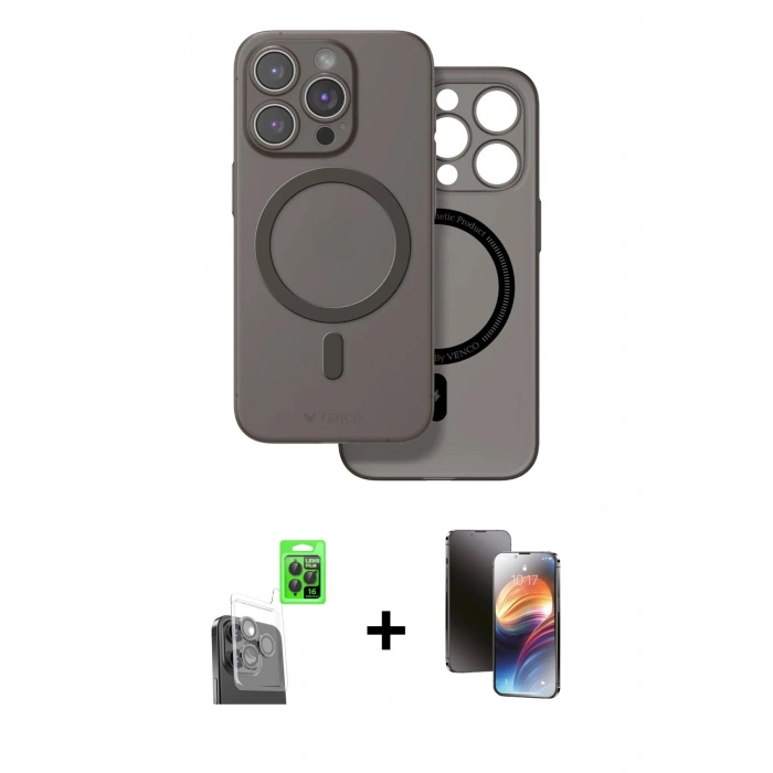 MARSİLYAN™- iPhone 16 Pro Kılıf Çekirdek Klasik - Siyah 3D Antistatik Mat Seramik Nano Ekran Koruyucu + Raze Metal Kamera Lens - SH