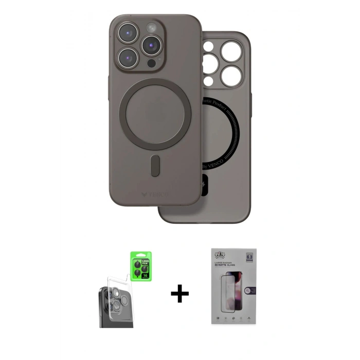 MARSİLYAN™- iPhone 16 Pro Kılıf Çekirdek Klasik - Siyah Bilvis 3D Mat Cam Ekran Koruyucu + Raze Metal Kamera Lens - SH