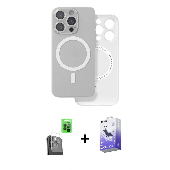 MARSİLYAN™- iPhone 16 Pro Kılıf Çekirdek Klasik - Siyah Bilvis 5in1 5D Magic Hayalet Cam Ekran Koruyucu + Raze Metal Kamera Lens - SH