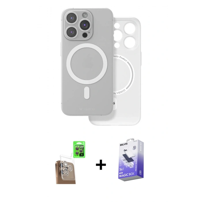 MARSİLYAN™- iPhone 16 Pro Kılıf Çekirdek Klasik - Siyah Bilvis 5in1 5D Magic Hayalet Cam Ekran Koruyucu + Raze Metal Kamera Lens - CLTM