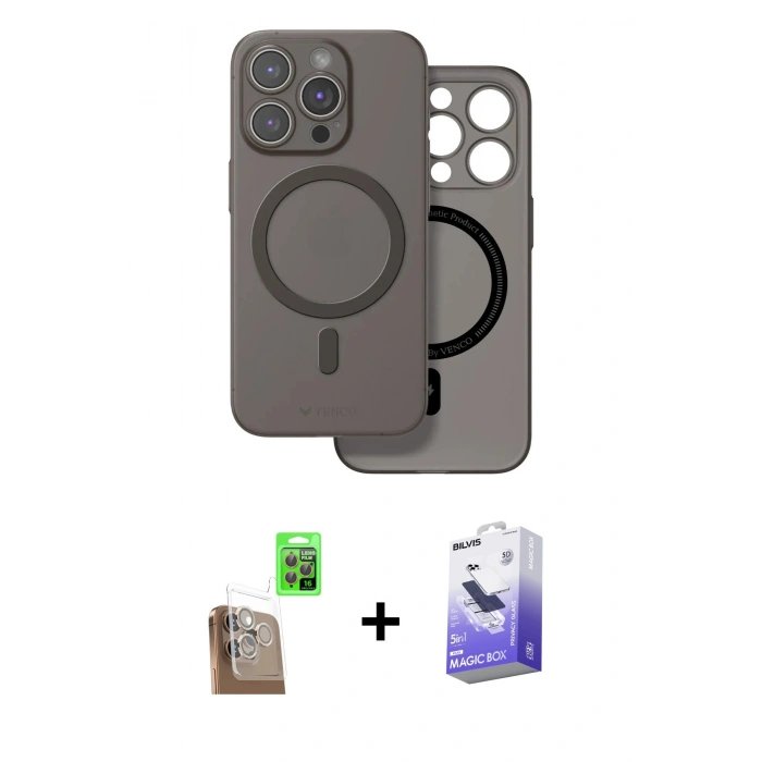 MARSİLYAN™- iPhone 16 Pro Kılıf Çekirdek Klasik - Siyah Bilvis 5in1 5D Magic Hayalet Cam Ekran Koruyucu + Raze Metal Kamera Lens - CLTM