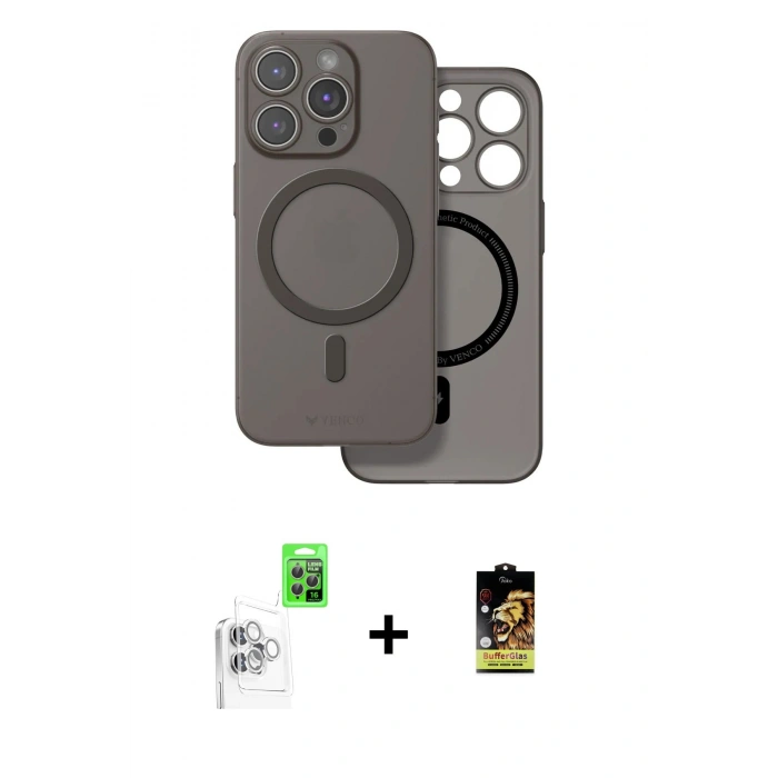 MARSİLYAN™- iPhone 16 Pro Kılıf Çekirdek Klasik - Siyah Buffer Cam Ekran Koruyucu + Raze Metal Kamera Lens - BZ