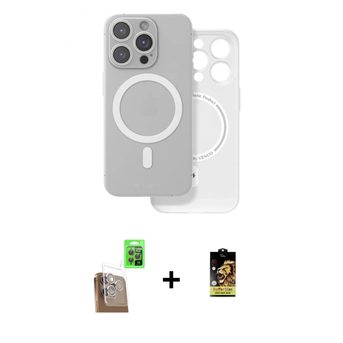 MARSİLYAN™- iPhone 16 Pro Kılıf Çekirdek Klasik - Siyah Buffer Cam Ekran Koruyucu + Raze Metal Kamera Lens - CLTM