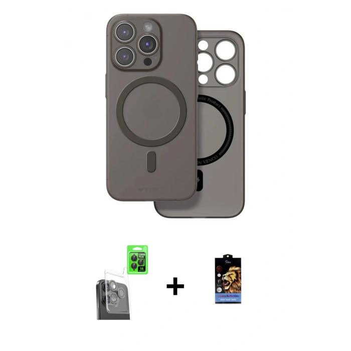 MARSİLYAN™- iPhone 16 Pro Kılıf Çekirdek Klasik - Siyah Buffer Hayalet Cam Ekran Koruyucu + Siyah Raze Metal Kamera Lens