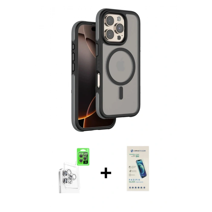 MARSİLYAN™- iPhone 16 Pro Kılıf Çekirdek Minimal Prime - Şeffaf Pasifik Cam Ekran Koruyucu + Raze Metal Kamera Lens - BZ