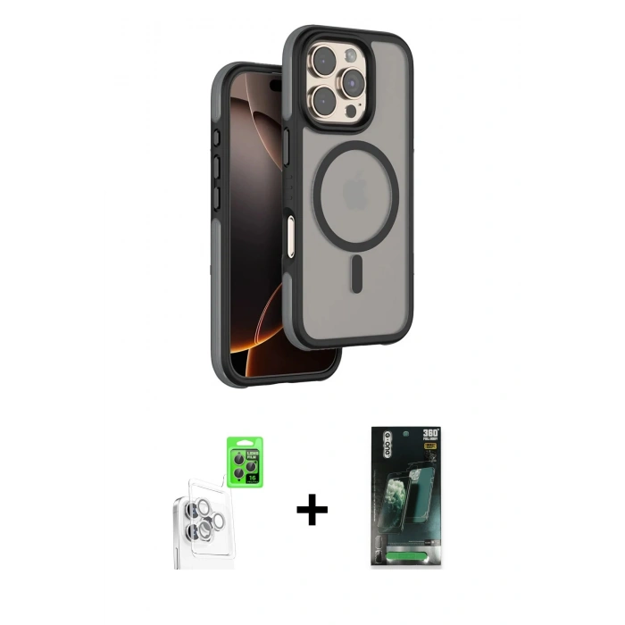 MARSİLYAN™- iPhone 16 Pro Kılıf Çekirdek Minimal Prime - Siyah 360 Mat Full Body Arka Koruyucu + Raze Metal Kamera Lens - BZ