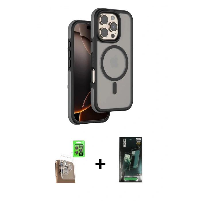 MARSİLYAN™- iPhone 16 Pro Kılıf Çekirdek Minimal Prime - Siyah 360 Mat Full Body Arka Koruyucu + Raze Metal Kamera Lens - CLTM