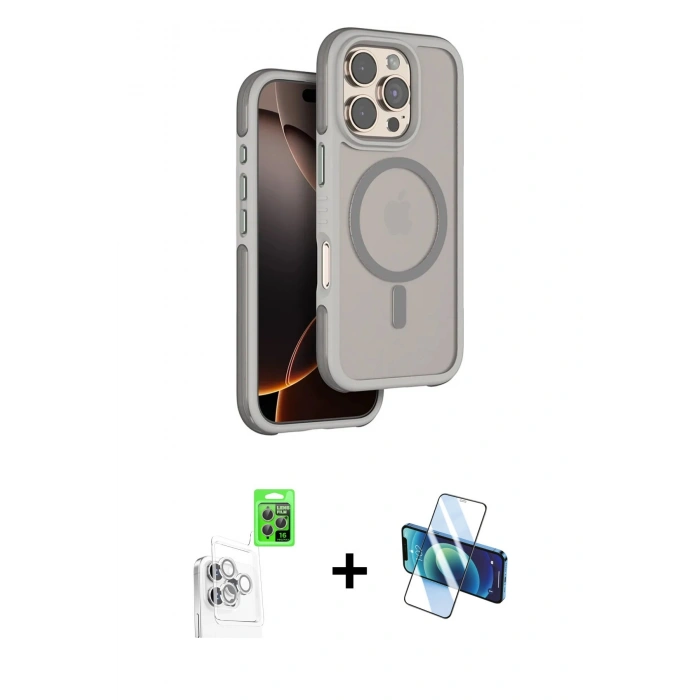 MARSİLYAN™- iPhone 16 Pro Kılıf Çekirdek Minimal Prime - Siyah 3D Antistatik Cam Ekran Koruyucu + Raze Metal Kamera Lens - BZ