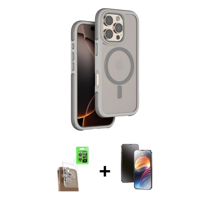 MARSİLYAN™- iPhone 16 Pro Kılıf Çekirdek Minimal Prime - Siyah 3D Antistatik Mat Seramik Nano Ekran Koruyucu + Çöl Titanyum Raze Metal Kamera Lens