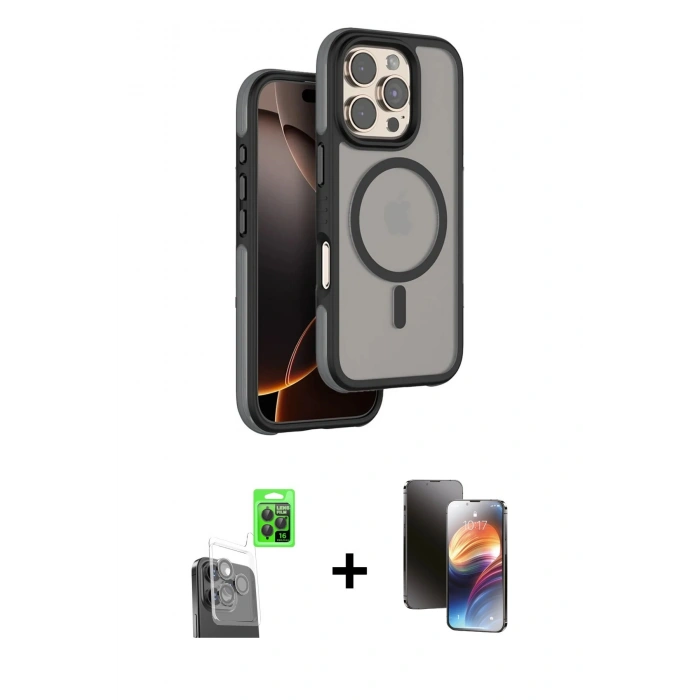 MARSİLYAN™- iPhone 16 Pro Kılıf Çekirdek Minimal Prime - Siyah 3D Antistatik Mat Seramik Nano Ekran Koruyucu + Siyah Raze Metal Kamera Lens