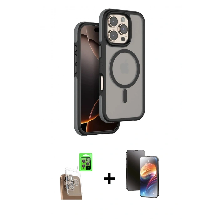 MARSİLYAN™- iPhone 16 Pro Kılıf Çekirdek Minimal Prime - Siyah 3D Antistatik Mat Seramik Nano Ekran Koruyucu + Çöl Titanyum Raze Metal Kamera Lens