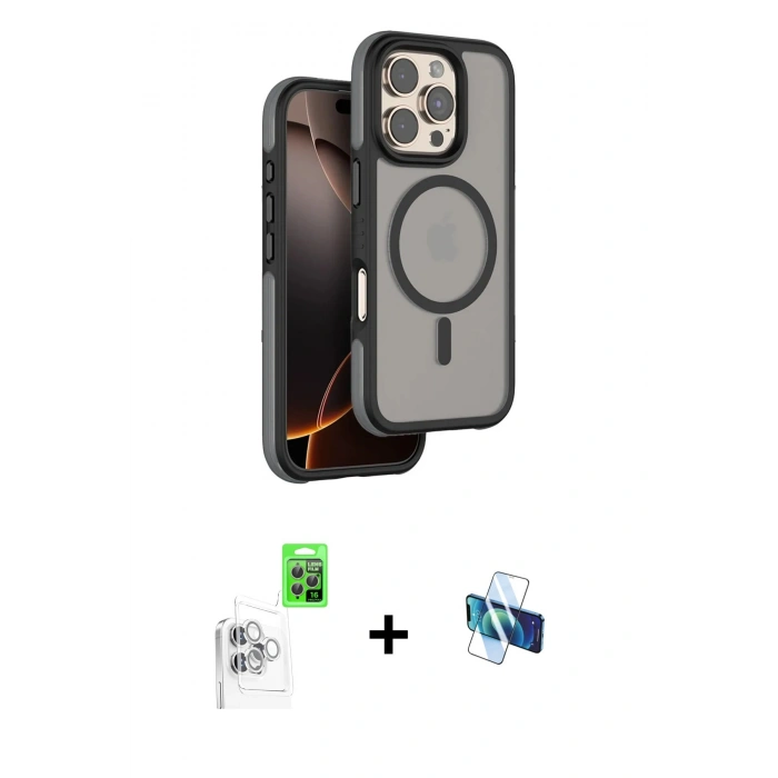 MARSİLYAN™- iPhone 16 Pro Kılıf Çekirdek Minimal Prime - Siyah 3D Antistatik Seramik Nano Ekran Koruyucu + Raze Metal Kamera Lens - BZ