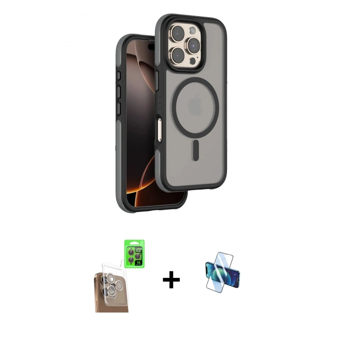MARSİLYAN™- iPhone 16 Pro Kılıf Çekirdek Minimal Prime - Siyah 3D Antistatik Seramik Nano Ekran Koruyucu + Raze Metal Kamera Lens - CLTM